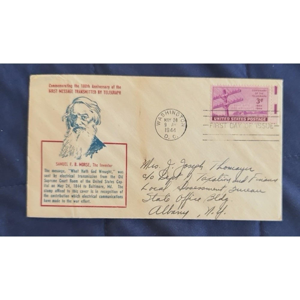 Samuel Morse Inventor‎ FDC 1944 First Message Transmitted By Telegraph Cachet